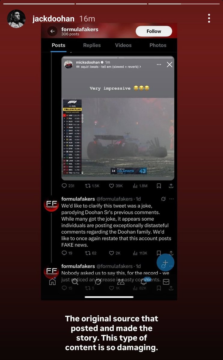 Straya!!! Love it and Live it. (@mansell05) on Twitter photo Its rotten accounts like <a href="/formulafakers/">formulafakers</a> that cause these young drivers mental issues. It's all funny until one of them can't take this rotten trash and ends their life. Then who is laughing? Is it going to be funny to @jackdoohan33s family? Seriosuly, this is why SM is poison. Its rotten accounts like <a href="/formulafakers/">formulafakers</a> that cause these young drivers mental issues. It's all funny until one of them can't take this rotten trash and ends their life. Then who is laughing? Is it going to be funny to @jackdoohan33s family? Seriosuly, this is why SM is poison.