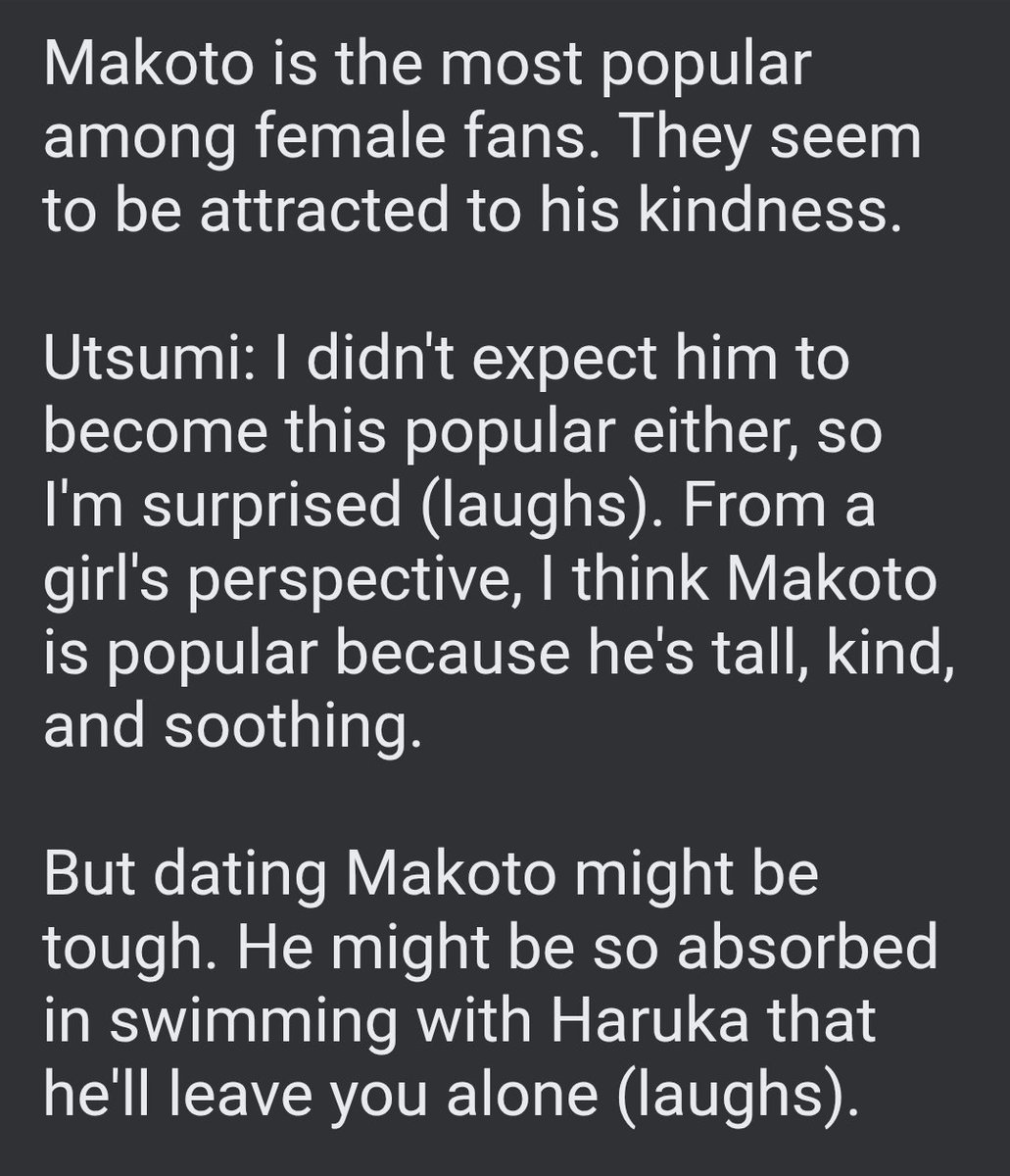 makoharu_agenda's tweet photo. friendly reminder that utsumi think makoto would be more interested in hanging out with haru than having a girlfriend and makoto thought haru would be a good husband. also haru isnt interested in marriage but dating makoto is totally okay. you do the math https://t.co/BngX83H6qn