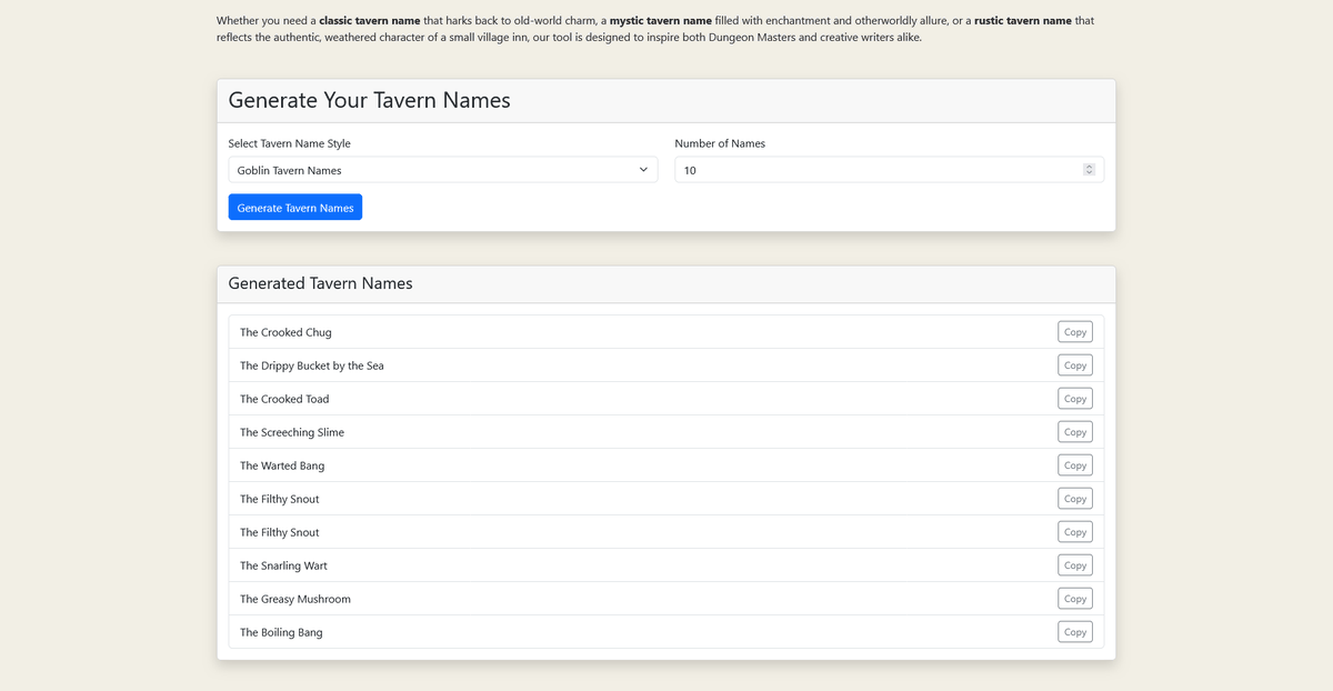The Greasy Mushroom lol

Random Fantasy Tavern Name Generator (AI)

litrpgadventures.com/ai-tools/taver…