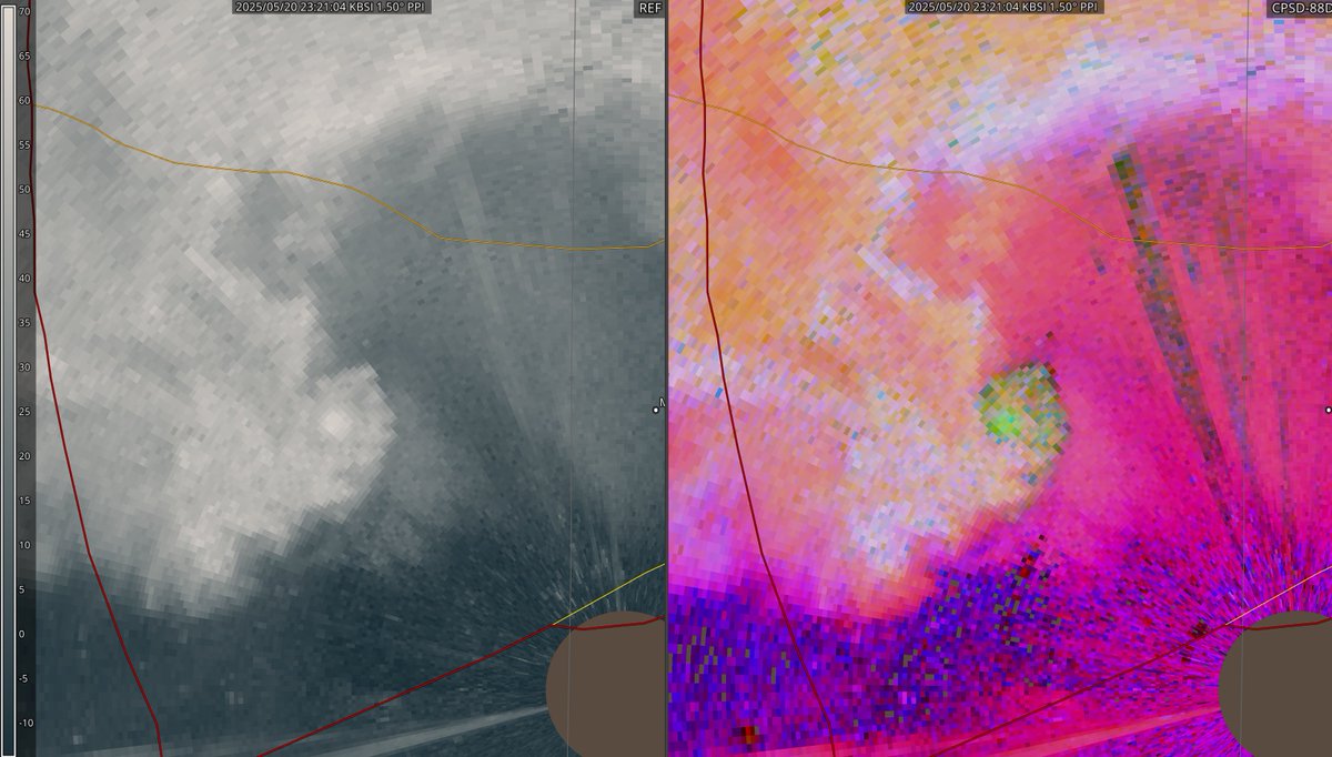 Monochrome reflectivity and dual-pol RGB where R = Zdr, G = dBz, B = CC from the UAH ARMOR Radar reveals the true structure of the significant tornado that prompted a tornado emergency earlier this evening in Madison, AL