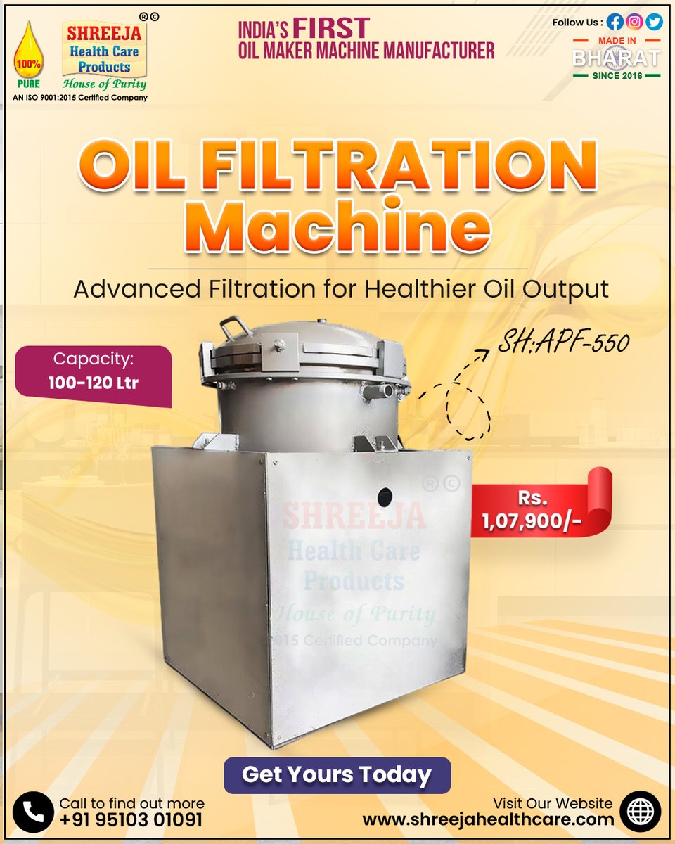 shreejahealth's tweet image. ✨ Say hello to Cleaner, Healthier oil with our SHREEJA Oil Filtration Machine - SH.APF-550! 
📞: +91 95103 01091
🌐: shreejahealthcare.com
📦 Get Yours Today – Because your oil Deserves the Best!
#coconutcutter #coconutcuttermachine #oilfiltrationmachine #oilmaker #healthyoil