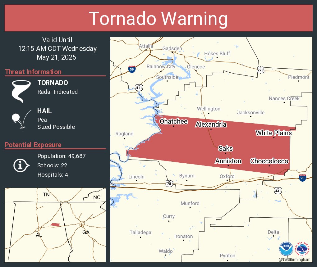 NWStornado's tweet image. Tornado Warning including Anniston AL, Saks AL and  Alexandria AL until 12:15 AM CDT