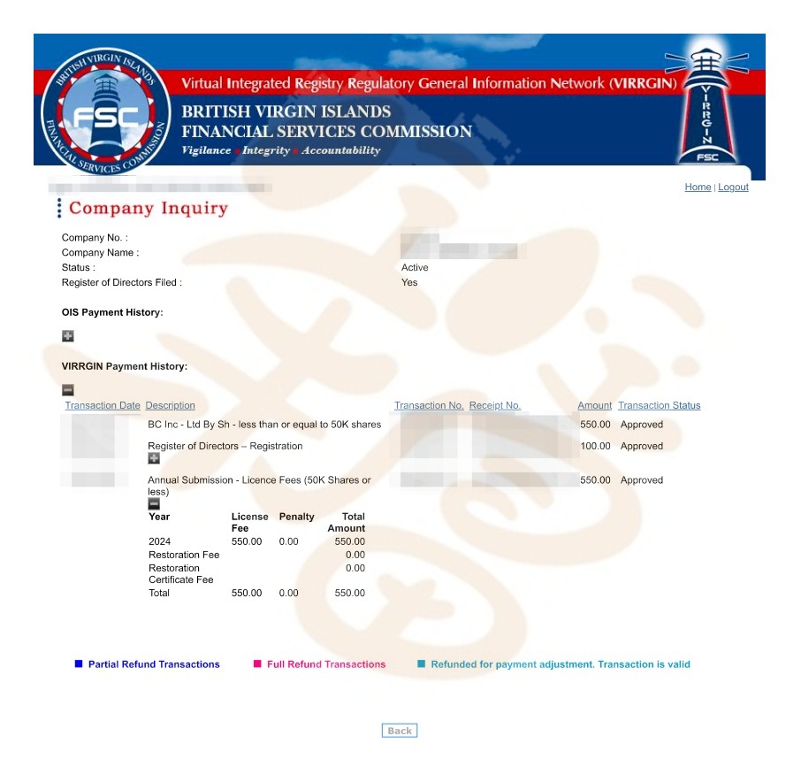 「这操作这么简单，自己去 BVI 官网点两下就完事了，还收钱？？？」

好问题，我们来算一笔账👇

📸 下图是我们登陆 BVI FSC 系统后台的缴费记录。

光金管局年费、董事备案这些，设立至今，已经烧出去 $1000+ 真金白银。

这还不算地址、注册代理人、合规等成本。

但这些都不是最贵的。