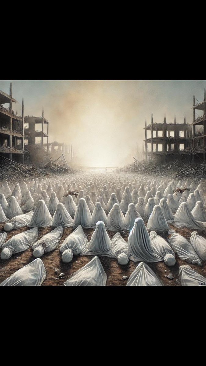 È una immagine elaborata da CHAT GPT, come si comprende subito. L’importante è la domanda che era stata posta all’intelligenza artificiale: descrivere in una immagine lo sterminio dei bambini e delle bambine di Gaza. 

Chiusi nei sudari. I bimbi sono chiusi nei sudari. Anche