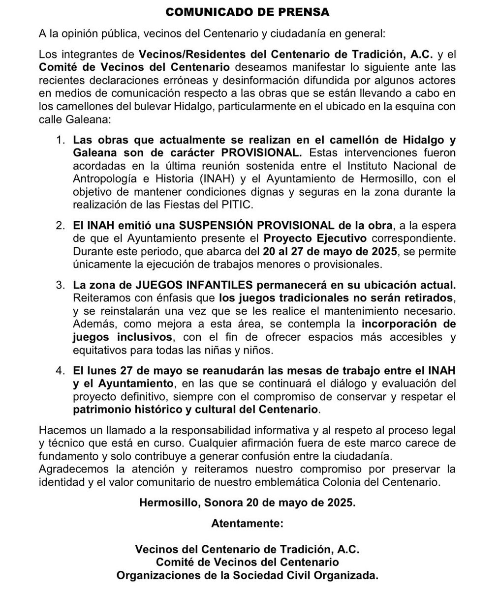 vecincentenario's tweet photo. NUEVO Comunicado de prensa de Vecinos del Centenario en relación a Blvd. Hidalgo. 20 de mayo del 2025.

@ProyectoPuente @SoledadDurazo @expresso @elimparcialcom @juanczuniga @VictorMendozaL @netoruizcarreon @Daniel_GarciaEs @secretariahmo @tonoastiazaran @imcahermosillo https://t.co/YR4yxkjSJu