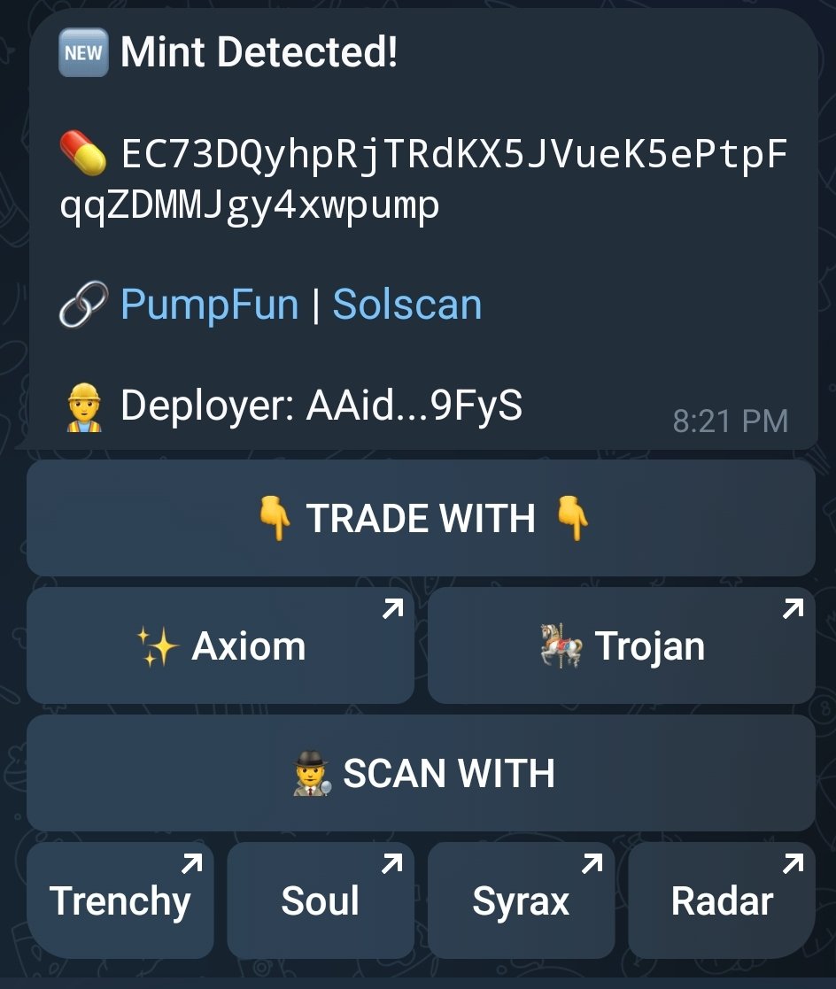 🛠 Trenchy's Update log entry #69.420:

🕵‍♂️ Track up to 10 deployers for real-time token creation alerts

🌟 Axiom added as a buy link

🫂 No longer need to use '/scan' in groups - just send the CA

🚀 Faster server performance for update scans

#solana #pumpfun