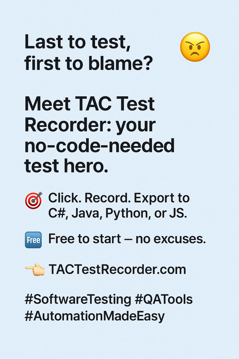 trakadvcorp's tweet image. 😓 QA shouldn’t be the scapegoat when bugs get missed.

TAC Test Recorder helps you stop bugs before they start by tracking every click and exporting test code instantly.

🌏 Works globally. Try it free: TACTestRecorder.com

#GlobalQA #AutomationTesting #NoCodeQA #TACRecorder…