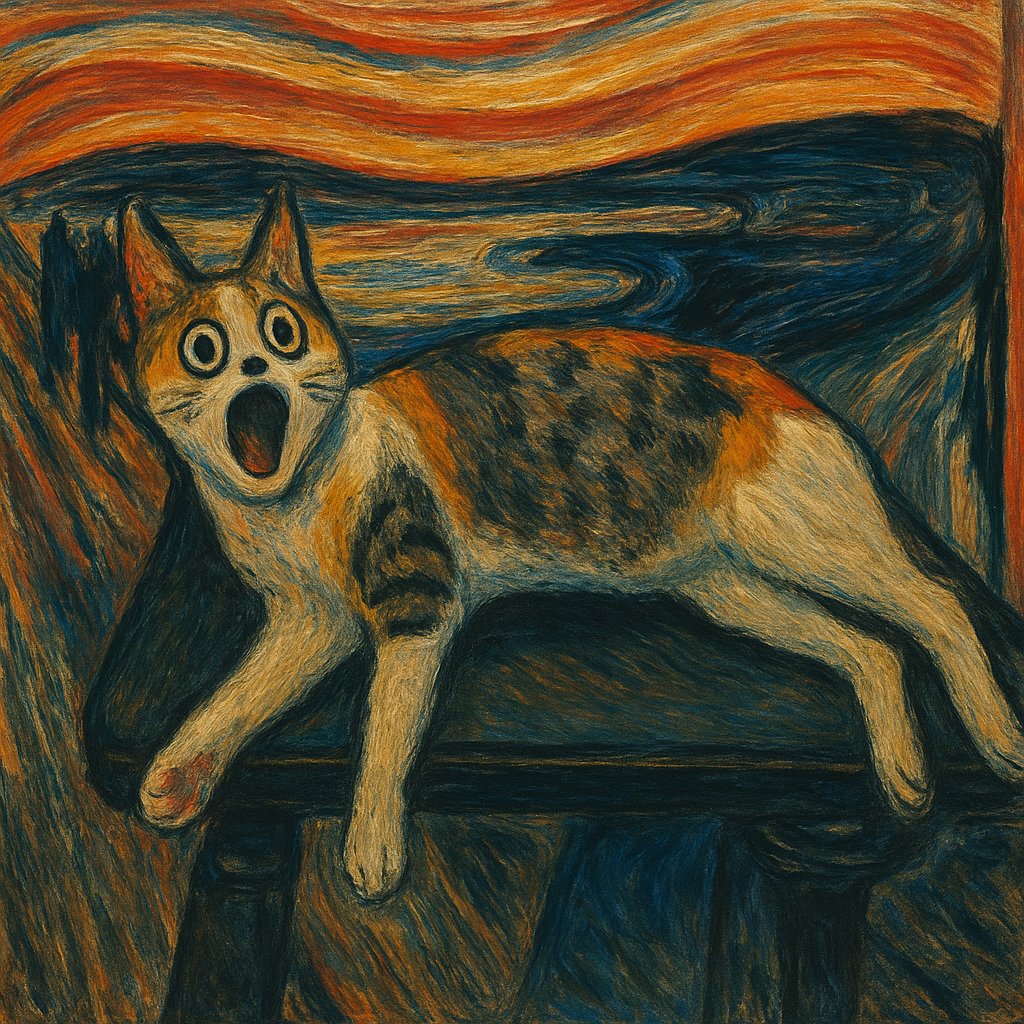 tigernyan's tweet photo. うちの猫をムンクの叫び風に加工してとお願いしたらこうなった

二枚目　ChatGPT
三枚目　Gemini https://t.co/VNEet28vEj