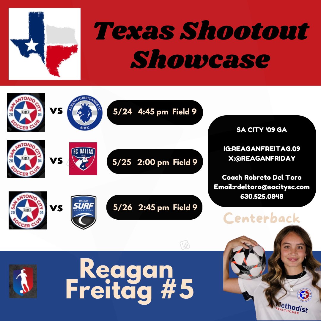 Excited about playing in the Texas Shootout Showcase this weekend in Round Rock with my team! ⁦<a href="/sacitysc/">San Antonio City Soccer Club</a>⁩ ⁦⁦<a href="/SACity09GA/">SA City 09 GA</a>⁩ ⁦<a href="/ImYouthSoccer/">ECNL/GA/Recruiting/College Soccer</a>⁩ ⁦<a href="/ImCollegeSoccer/">College Soccer Truth ™</a>⁩ ⁦<a href="/PrepSoccerTX/">Prep Soccer Texas</a>⁩ ⁦<a href="/TheSoccerWire/">SoccerWire</a>⁩