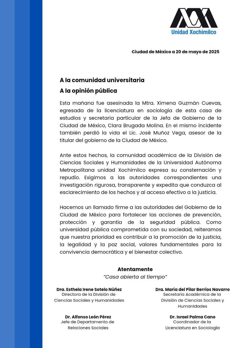 🔵 “Como universidad pública comprometida con su sociedad, reiteramos que nuestra prioridad es contribuir a la promoción de la justicia, la legalidad y la paz social”.