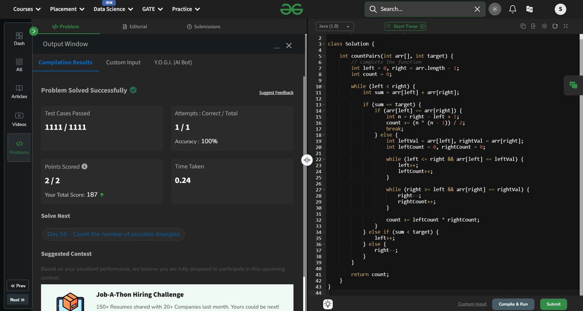 sapfire955's tweet image. 📜 Day 54 of #gfg160
Solved "Pair with given sum in a sorted array" 🤝
Used Two-pointer magic on sorted input for O(n) ⚡
Handled dupes smartly for exact pair counts 🎯
Fun edge cases too!
Thanks @geeksforgeeks 🙌
#JavaMode #twopointers #geekstreak2025 #dsa