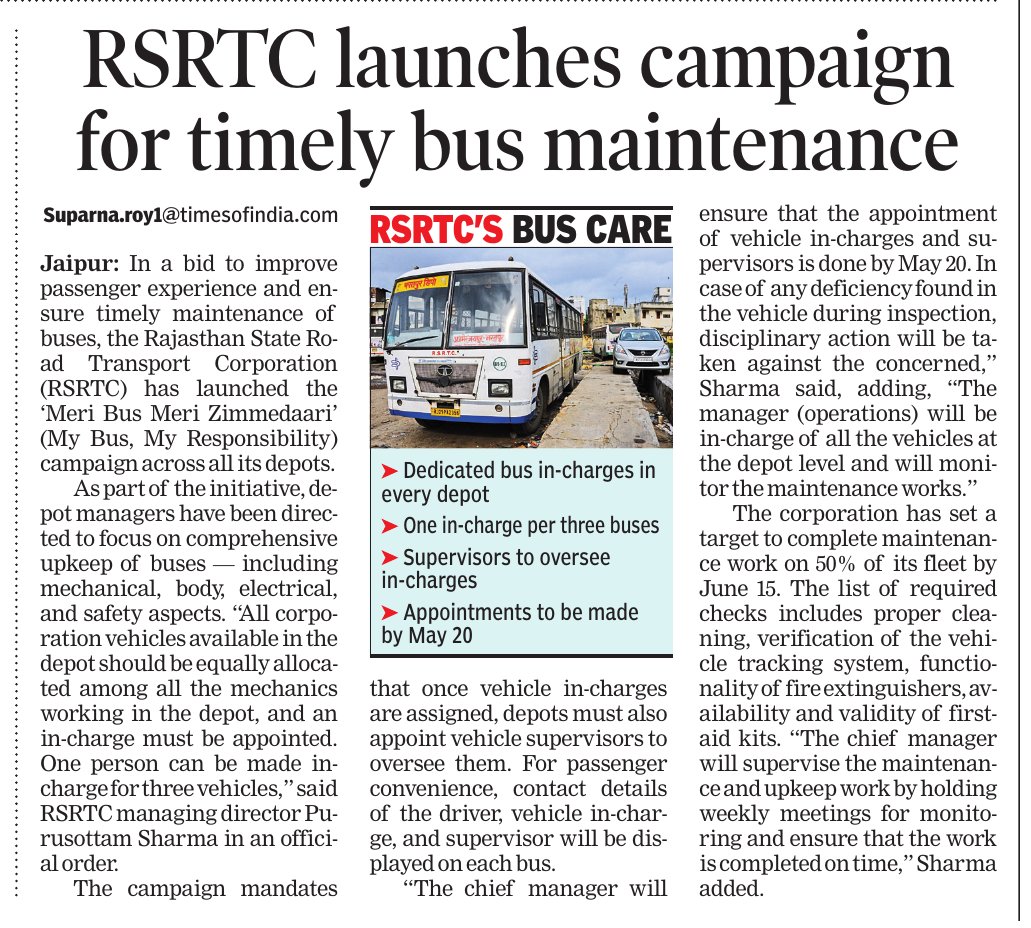 suparnaTOI's tweet photo. In a bid to improve passenger experience and ensure timely maintenance of buses, #Rajasthan roadways @RSRTC_OFFICIAL has launched 'Meri Bus Meri Zimmedaari’ campaign across all its depots
@timesofindia @TOIJaipurNews https://t.co/4HY13J037A