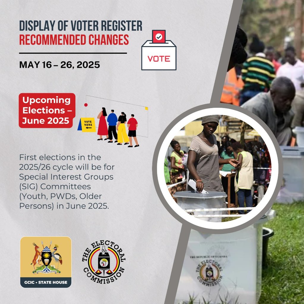 Special Interest Groups: Youth, PWDs &amp; Older Persons get ready.Your elections kick off the 2025/26 cycle this June. Confirm your details in the register by May 26, 2025. #NVRDisplay2025 #OpenGovUg