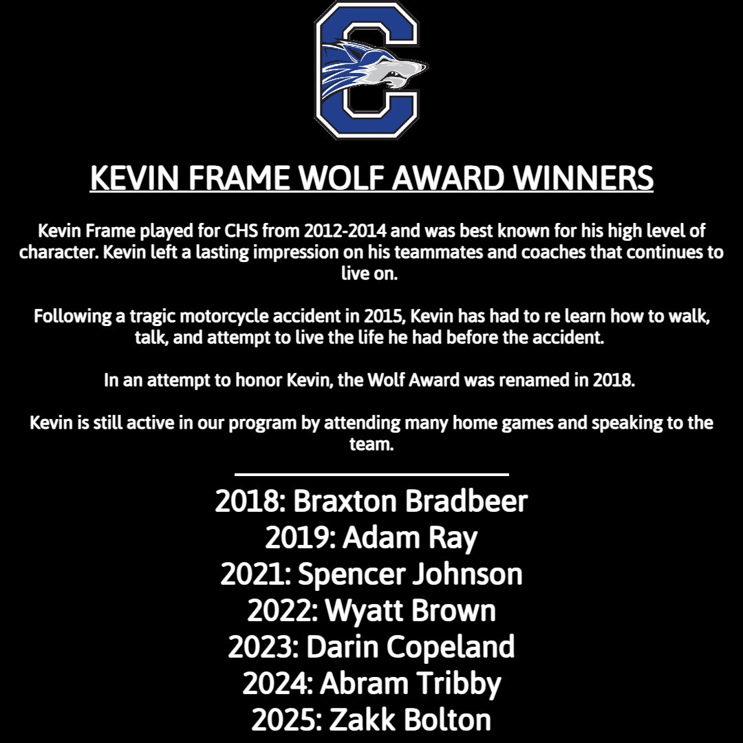 Chandler Boys Volleyball (@chandlerboysvb) on Twitter photo Zakk Bolton was awarded the Kevin Frame Wolf Award at our program’s banquet. 
Zakk brought a level of leadership to our program this year on a daily basis, and always put the team first. Qualities that Kevin always personified. 
We were glad that Kevin was there to award him. Zakk Bolton was awarded the Kevin Frame Wolf Award at our program’s banquet. 
Zakk brought a level of leadership to our program this year on a daily basis, and always put the team first. Qualities that Kevin always personified. 
We were glad that Kevin was there to award him.