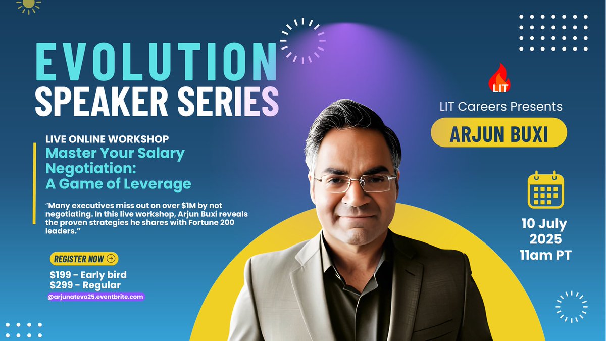 Happy to share that I'll be speaking at “Evolution Speaker Series: Master Your Salary Negotiation” on July 10!

Organized by <a href="/getlitcareers/">LIT Careers</a> LIT Careers  and Mario Cobian - thanks for having me, folks. 

🎤 NEW: LIT Careers Evolution Webinar Series 🔮

Redefine what’s