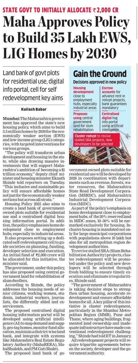 Kailash Babar ET (@kailashbabar_) on Twitter photo #Mahrashtra's new #HousingPolicy aims to build 35 lakh #homes for EWS, LIG, set up dedicated #SelfRedevelopment Cell with Rs 2,000cr initial #fund to empower #housing societies
economictimes.indiatimes.com/industry/servi… <a href="/EconomicTimes/">Economic Times</a> #AffordableHousing #UrbanDevelopment #RealEstate #HousingForAll #Mahrashtra's new #HousingPolicy aims to build 35 lakh #homes for EWS, LIG, set up dedicated #SelfRedevelopment Cell with Rs 2,000cr initial #fund to empower #housing societies
economictimes.indiatimes.com/industry/servi… <a href="/EconomicTimes/">Economic Times</a> #AffordableHousing #UrbanDevelopment #RealEstate #HousingForAll