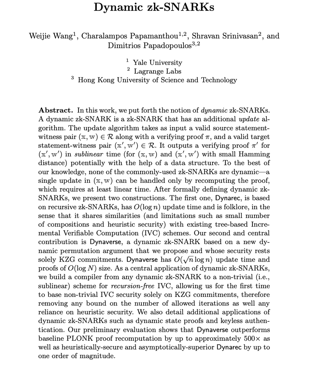 chbpap's tweet image. Our paper on efficiently updating ZKPs or, dynamic zk-SNARKs, has been accepted for presentation at the Science of Blockchain Conference! Grateful to @lagrangedev for inspiring and supporting this research. Looking forward to further advancing this line of work.