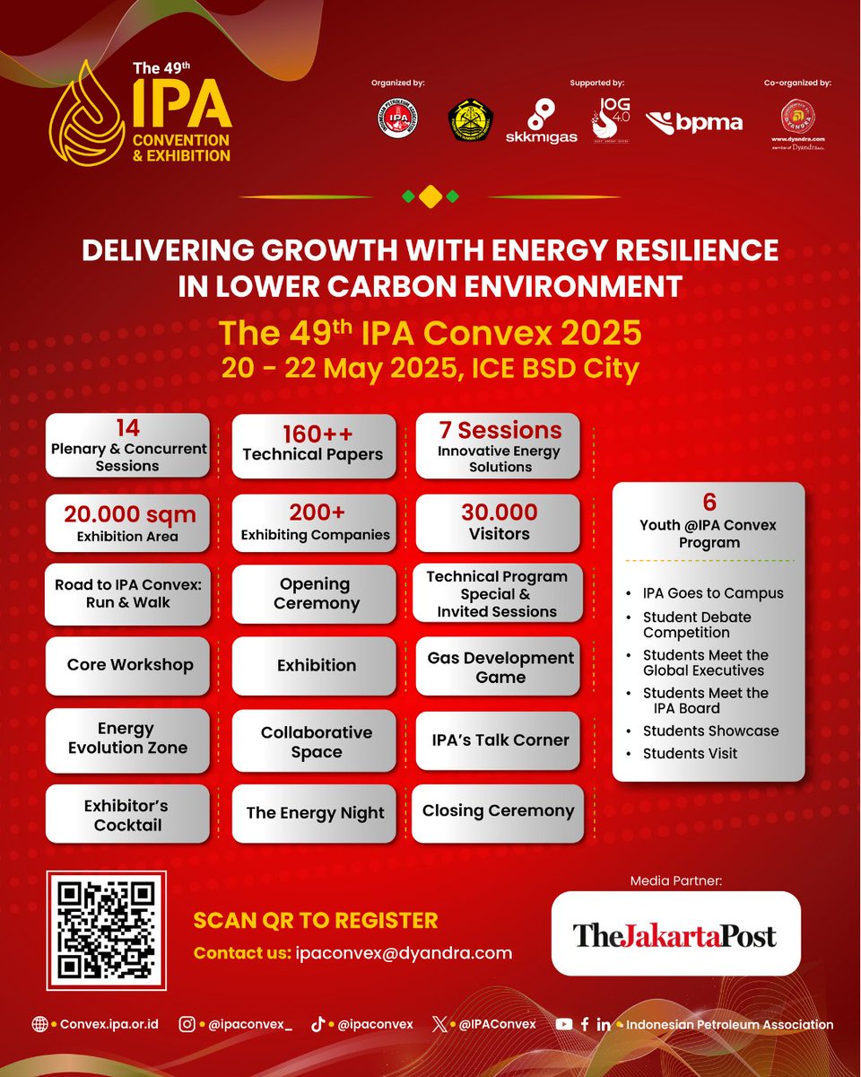 jakpost's tweet image. Get Ready for the 49th IPA Convex 2025!
Where industry leaders unite to share insights and drive innovation in the energy sector.

📅 20 - 22 May 2025
📍 ICE BSD City, Indonesia

Register now at convex.ipa.or.id 

#SponsoredContent