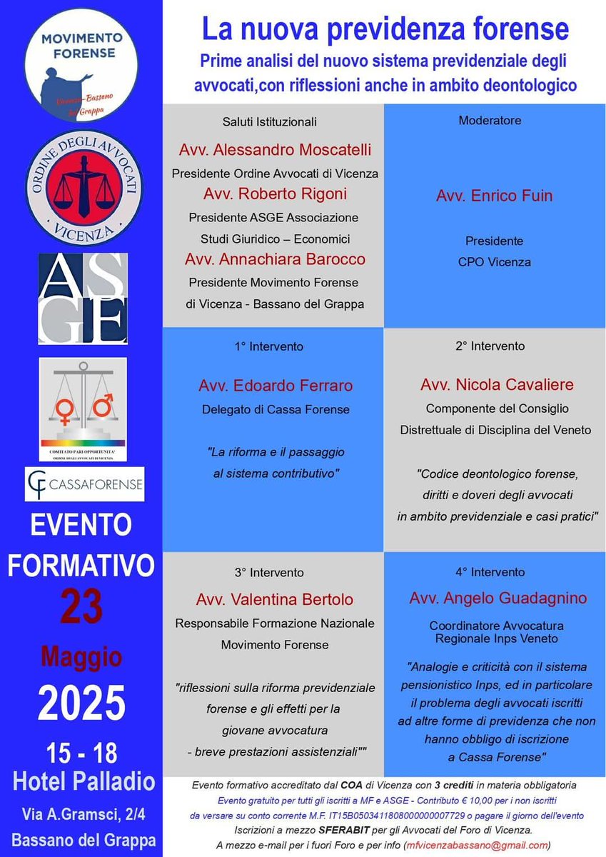 🔜 #nextjob
📅 #venerdì

🔹 Ci vediamo a #BassanoDelGrappa per parlare con i colleghi e le colleghe di #riformaprevidenziale.

‼️ Vi aspettiamo!

🟠 #movimentoforensevicenzabassano
🎓 #formazioneforense