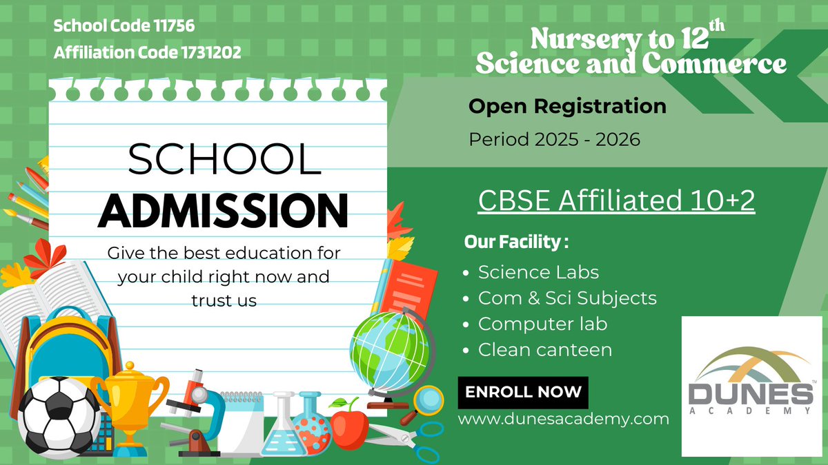 DunesAcademy's tweet photo. 🎓 Admissions Open for 2025-26!
Nursery to Class 12 (Science &amp; Commerce)
Join Dunes Academy for a brighter future! 📍 CBSE Curriculum | 💡 Modern Facilities
Apply Now! 📞 9982244822, 🌐 https://t.co/PFILzZkVKN https://t.co/G20TRRIHhL