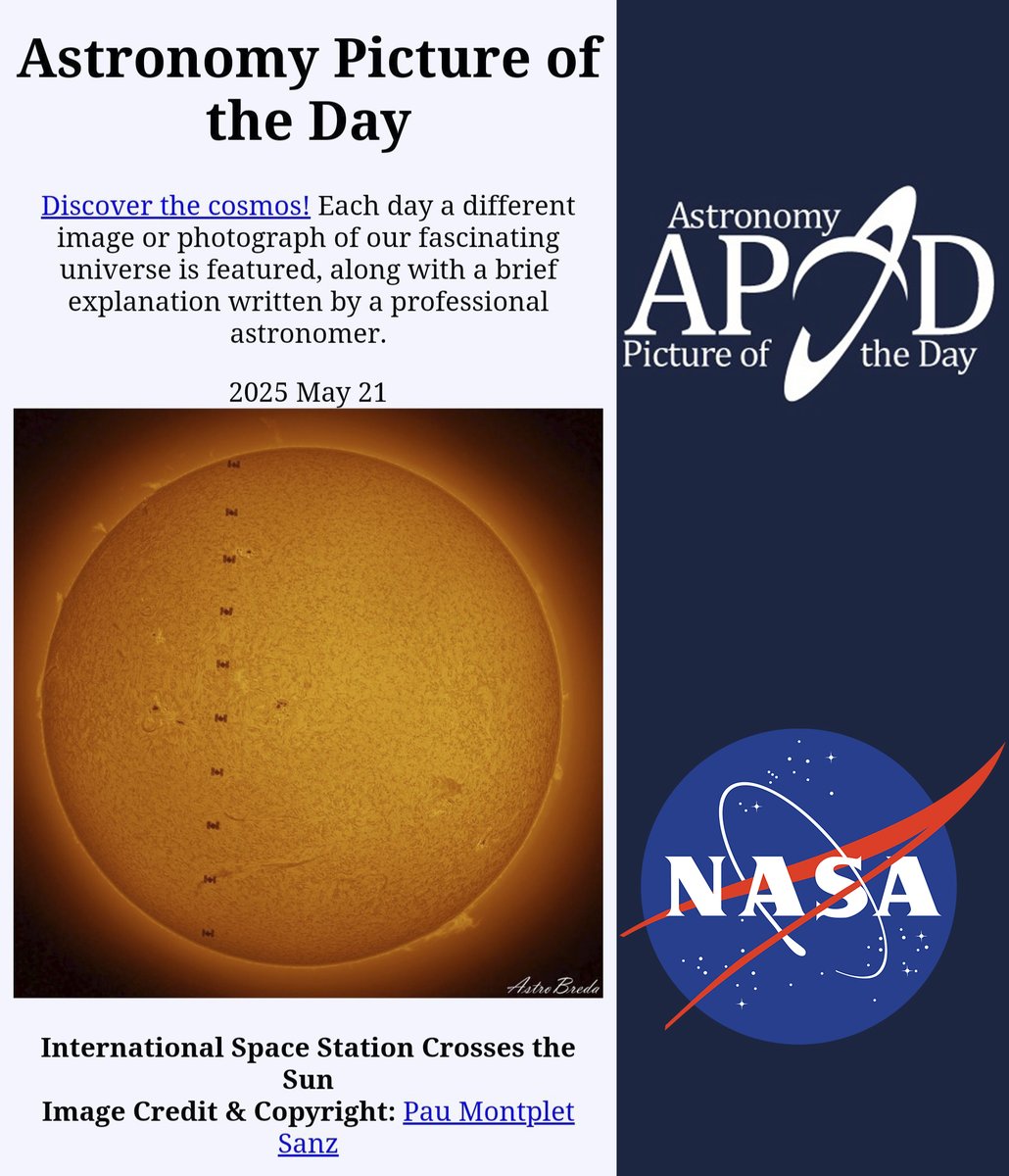 AstroBreda (@astrobreda) on Twitter photo La meva Imatge del trànsit de la ISS per davant del Sol seleccionada per la NASA com a <a href="/apod/">Astronomy Picture of the Day</a> Astronomy Picture of the Day (Imatge Astronomica del Dia).
Feta fa un mes a Sant Feliu de Buixalleu.
apod.nasa.gov/apod/fap/ap250… La meva Imatge del trànsit de la ISS per davant del Sol seleccionada per la NASA com a <a href="/apod/">Astronomy Picture of the Day</a> Astronomy Picture of the Day (Imatge Astronomica del Dia).
Feta fa un mes a Sant Feliu de Buixalleu.
apod.nasa.gov/apod/fap/ap250…