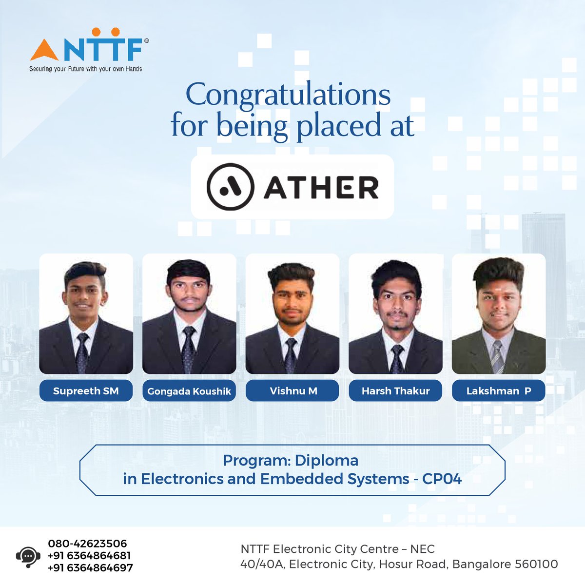 5 trainees from NTTF Electronic City (CP04 - Electronics &amp; Embedded Systems) begin their careers at Ather Energy!

Congrats to:
🔸 Supreeth SM
🔸 Gongada Koushik Kumar
🔸 Vishnu M
🔸 Harsh Thakur
🔸 Lakshman Adithya P

Wishing them success! ⚡<a href="/atherenergy/">Ather Energy</a>

#NTTF #AtherEnergy