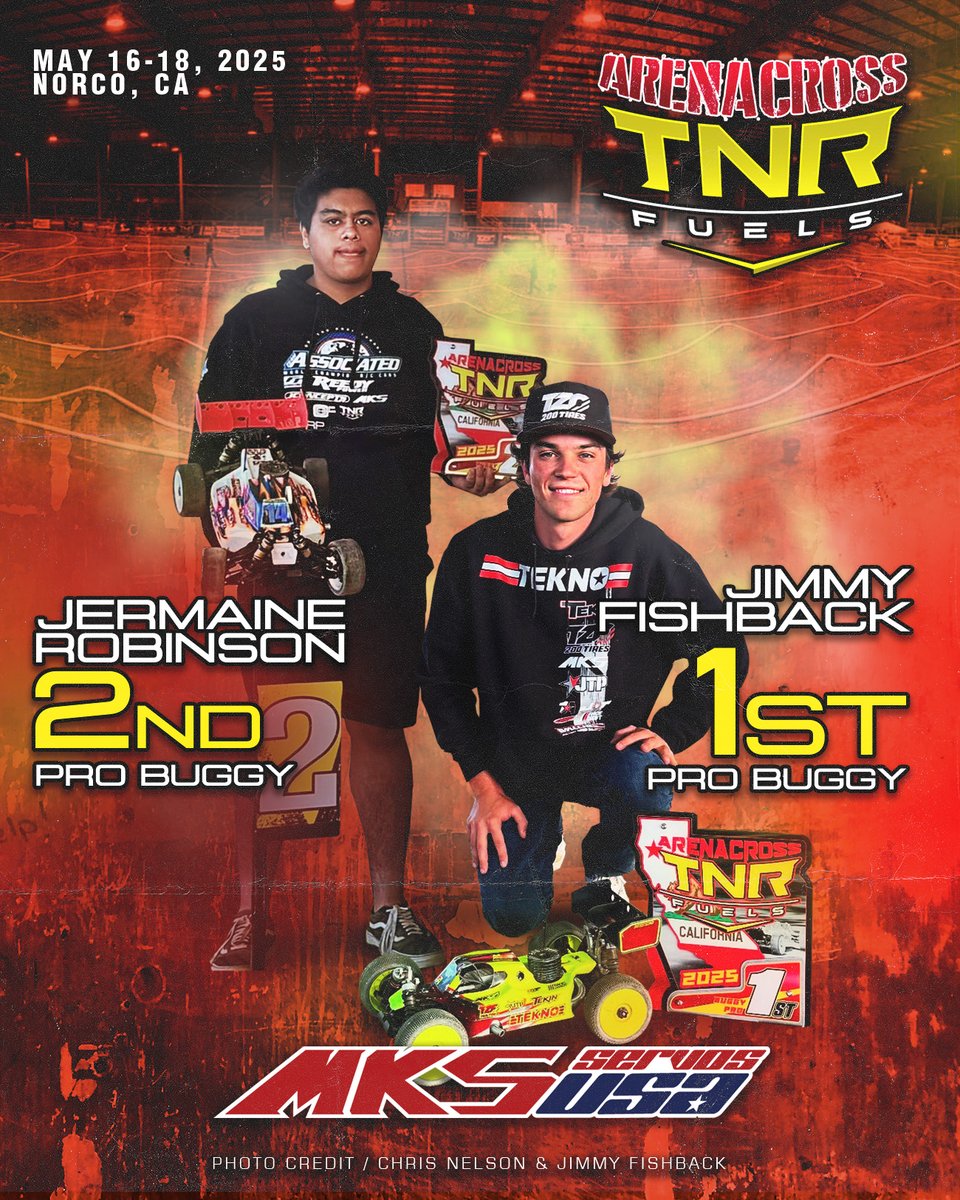 Congrats MKS ServosUSA.com team🇺🇸 Jimmy Fishback &amp;🇺🇸 Jermaine Robinson did good jobs 🥇🥈at 🏁🇺🇸2025 TNRfuels ARENA cross!🇺🇸🏁

#MKSservosUSA #MKSservos #MKSservo #MKS #HBL599 #TeknoRC #TeamAssociated #ARENACROSS #TNRFuels