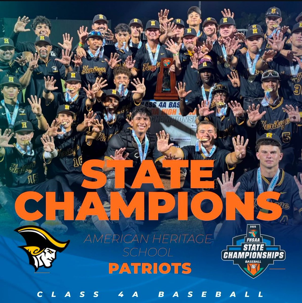 State Champions. No better way to go out with my brothers. Thank you all of American Heritage coaches and staff for making the school on broward boulevard feel like home. Heritage Boy For Life 💛🖤