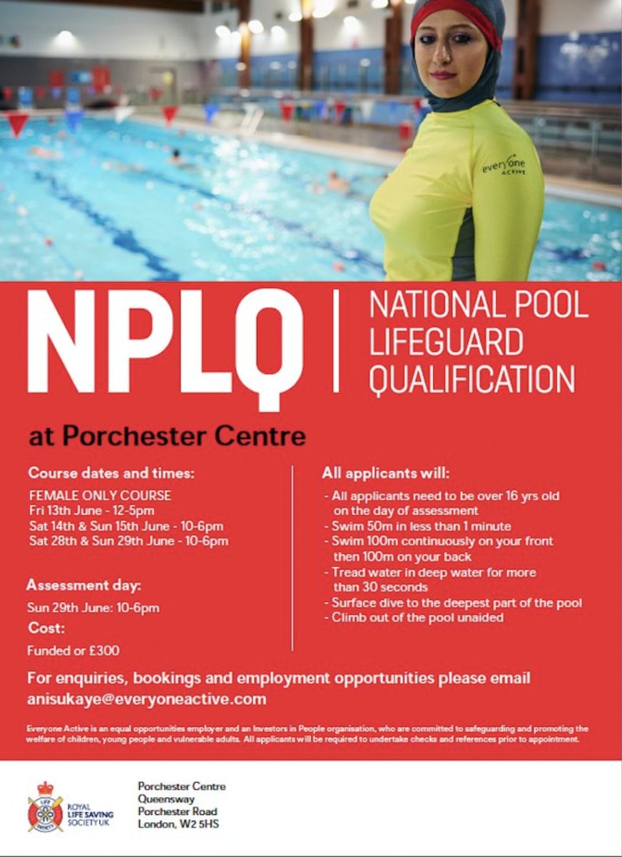 ActiveWestminster (@activewcc) on Twitter photo 🔊 Time is ticking ladies!
Get NPLQ-certified & become a lifeguard (FREE if you commit to a job!) 🏊🏾
📍Porchester Centre
🗓️Starts 13 June
✍🏻Enrol by 10 June
📧 anisukaye@everyoneactive.com
#LifeguardTraining #LondonJobs #ActiveWestminsterActiveWestminster 🔊 Time is ticking ladies!
Get NPLQ-certified & become a lifeguard (FREE if you commit to a job!) 🏊🏾
📍Porchester Centre
🗓️Starts 13 June
✍🏻Enrol by 10 June
📧 anisukaye@everyoneactive.com
#LifeguardTraining #LondonJobs #ActiveWestminsterActiveWestminster