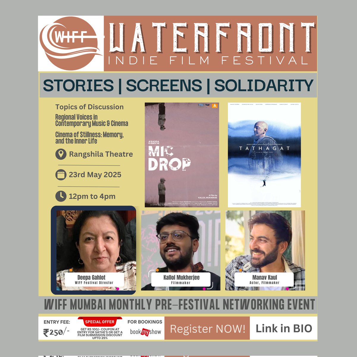 WIFF MUMBAI (@wiffmumbai) on Twitter photo STORIES | SCREENS | SOLIDARITY
WIFF Pre-Festival Screening 🎥
May 23, 12–4 PM | Rangshila Theatre
🎞 Mic Drop + Tathagat
Tickets ₹250 @BookMyShow
in.bookmyshow.com/events/wiff-sp…
#WIFF2025
<a href="/avneeshmishra01/">Avnish Mishra</a> <a href="/amitbehl1/">amit behl</a> <a href="/varshajain/">varsha oswal</a> <a href="/sridharrangayan/">Sridhar Rangayan</a> <a href="/_Aparajitasinha/">Aparajita Sinha</a> STORIES | SCREENS | SOLIDARITY
WIFF Pre-Festival Screening 🎥
May 23, 12–4 PM | Rangshila Theatre
🎞 Mic Drop + Tathagat
Tickets ₹250 @BookMyShow
in.bookmyshow.com/events/wiff-sp…
#WIFF2025
<a href="/avneeshmishra01/">Avnish Mishra</a> <a href="/amitbehl1/">amit behl</a> <a href="/varshajain/">varsha oswal</a> <a href="/sridharrangayan/">Sridhar Rangayan</a> <a href="/_Aparajitasinha/">Aparajita Sinha</a>