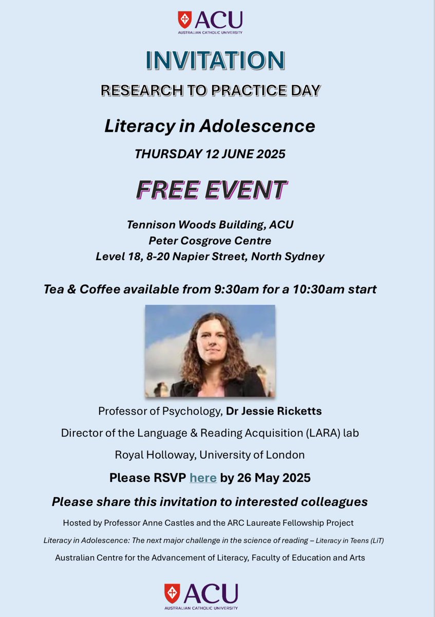 Adv_Literacy's tweet image. 🚨Free event alert🚨

Are you:
✅Interested in learning more about literacy in adolescence?
✅In Sydney on June 12th?

Register below for our next research to practice day event by May 26th, feat. @annecastles, @ricketts_lara, @dccolen, &amp;amp; Gen McArthur👇🏽👇🏽

tinyurl.com/4crpkyhy