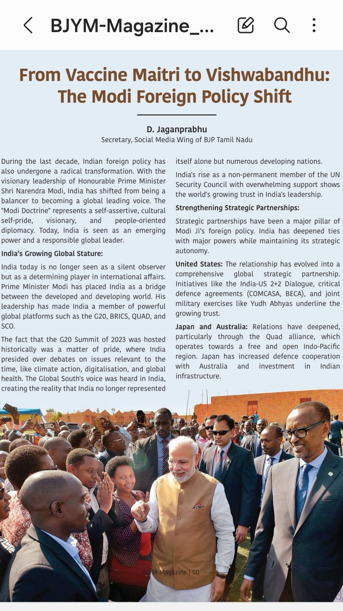 jaganprabubjp92's tweet image. Honoured to share that my article on PM @narendramodi ji’s foreign policy has been featured in the @BJYM National Magazine. Proud to contribute to the discourse on India’s global rise under his visionary leadership
 bjym.org/wp-content/upl…

#ModiForeignPolicy #ViksitBharat