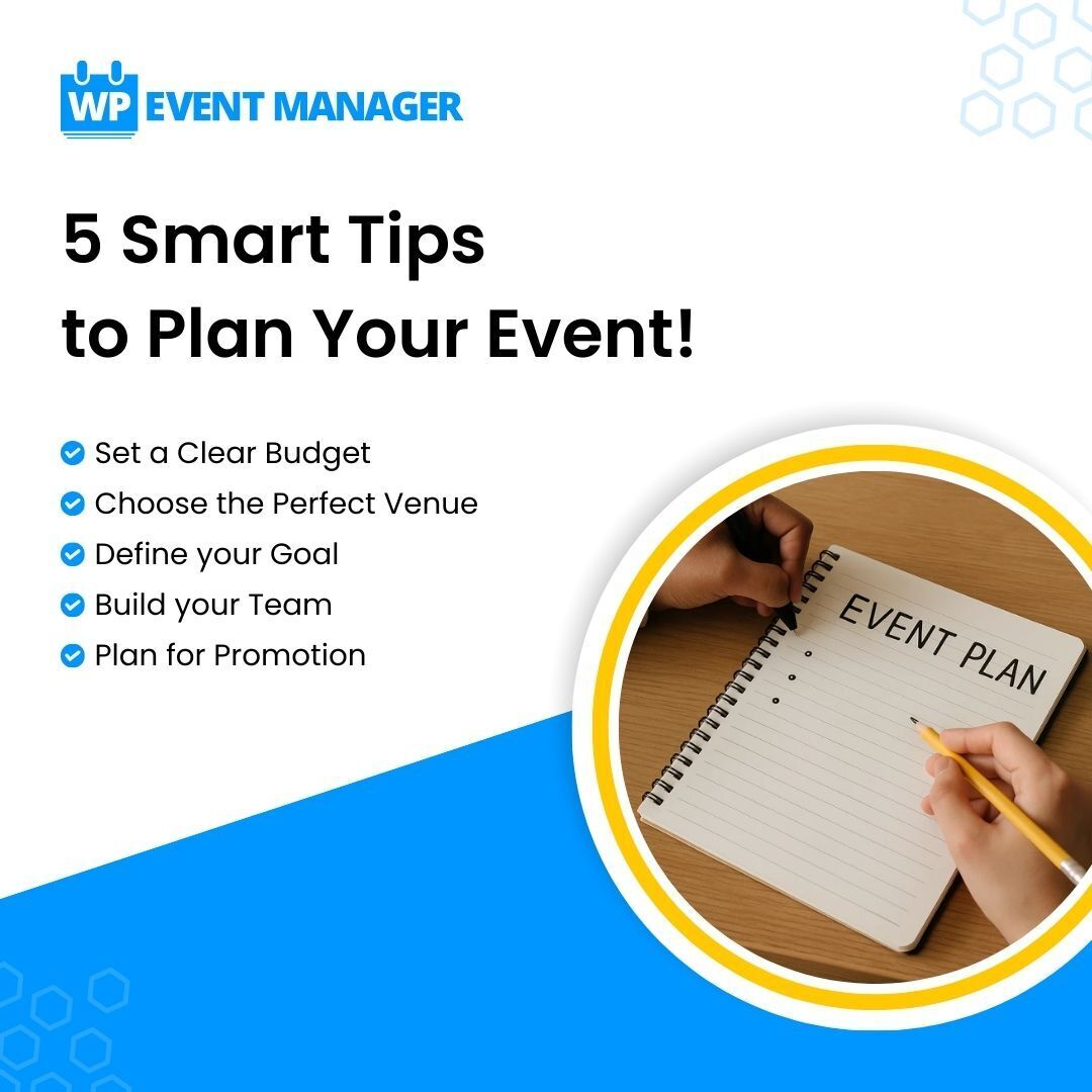wp_eventmanager's tweet image. 🎉 Planning an event? Start with these 5 tips:
✅ Set a clear budget 
✅ Pick the perfect venue 
✅ Define your goals 
✅ Build your team 
✅ Plan for promotion 
Take your event to the next level 
👉 Try WP Event Manager: zurl.co/dagYO 
#EventPlanning #EventManager