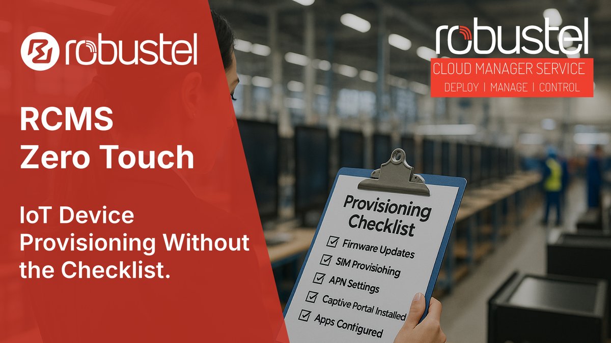 Robustel's tweet image. Speed matters when your IoT devices are stuck in a warehouse.
Skip manual prep with Zero Touch in RCMS — define templates, auto-provision remotely, and ship direct to site.
Deploy faster. No delays. No backroom headaches.
#IoTDeployment #ZeroTouch #RobustelRCMS #IIoT