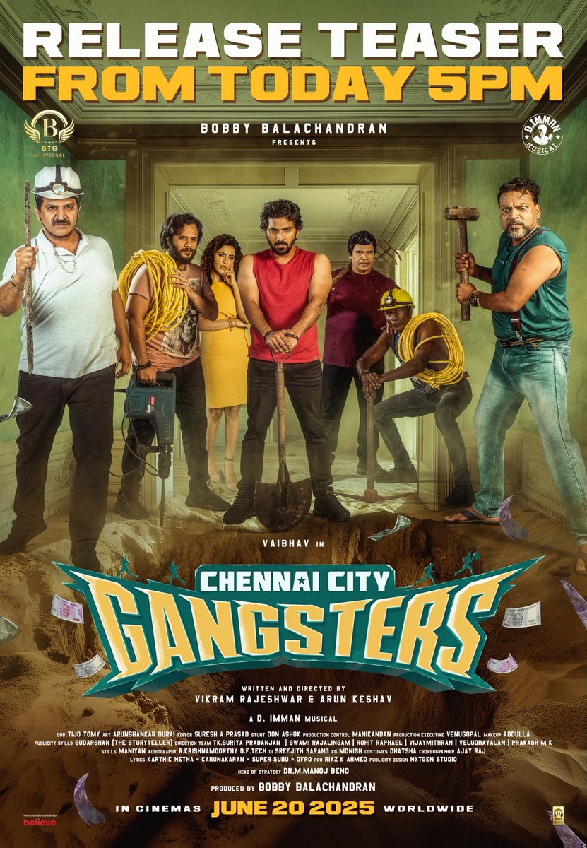 BTG Universal (@btguniversal) on Twitter photo Get a tease of the fun that awaits you 🤠
#ChennaiCityGangsters - Teaser releasing today at 5PM!
Film in theatres from 20th June ❤️
An <a href="/immancomposer/">D.IMMAN</a> musical!
<a href="/BTGUniversal/">BTG Universal</a> <a href="/bbobby/">bbobby</a> <a href="/ManojBeno/">Manoj Beno</a> <a href="/actor_vaibhav/">Vaibhav</a> <a href="/AthulyaOfficial/">Athulyaa Ravi</a> <a href="/Mani_Rajeshh/">Manikanta Rajesh</a> #VikramRajeshwar #ArunKeshav #AnandRaj Get a tease of the fun that awaits you 🤠
#ChennaiCityGangsters - Teaser releasing today at 5PM!
Film in theatres from 20th June ❤️
An <a href="/immancomposer/">D.IMMAN</a> musical!
<a href="/BTGUniversal/">BTG Universal</a> <a href="/bbobby/">bbobby</a> <a href="/ManojBeno/">Manoj Beno</a> <a href="/actor_vaibhav/">Vaibhav</a> <a href="/AthulyaOfficial/">Athulyaa Ravi</a> <a href="/Mani_Rajeshh/">Manikanta Rajesh</a> #VikramRajeshwar #ArunKeshav #AnandRaj