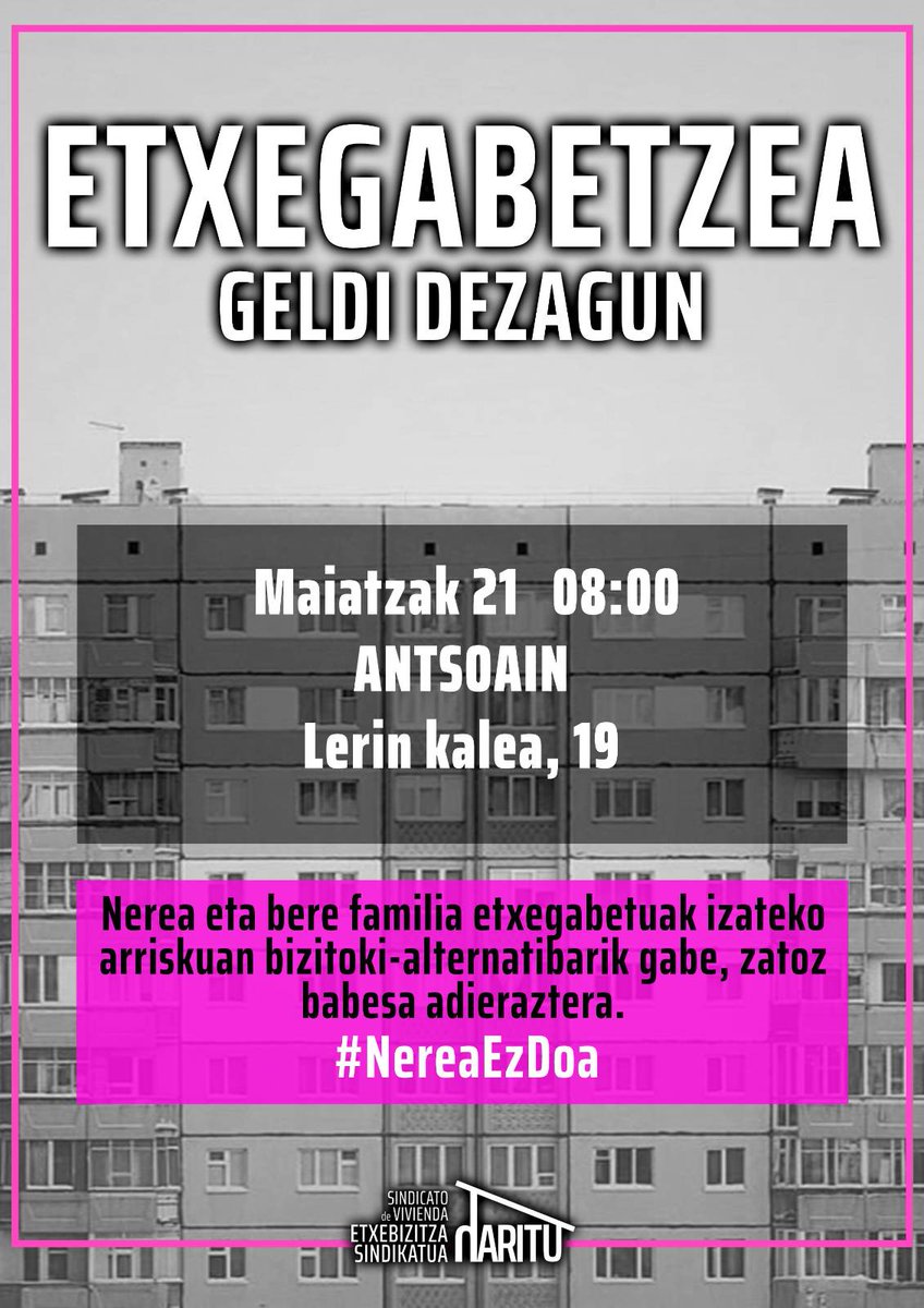 Gaur Antsoainen burutu nahi duten etxegabetzeari aurre egiteko batuko gara!

Etor zaitez babesa eta elkartasuna ematera ✊✊🏿

Hemen jarraipena👇