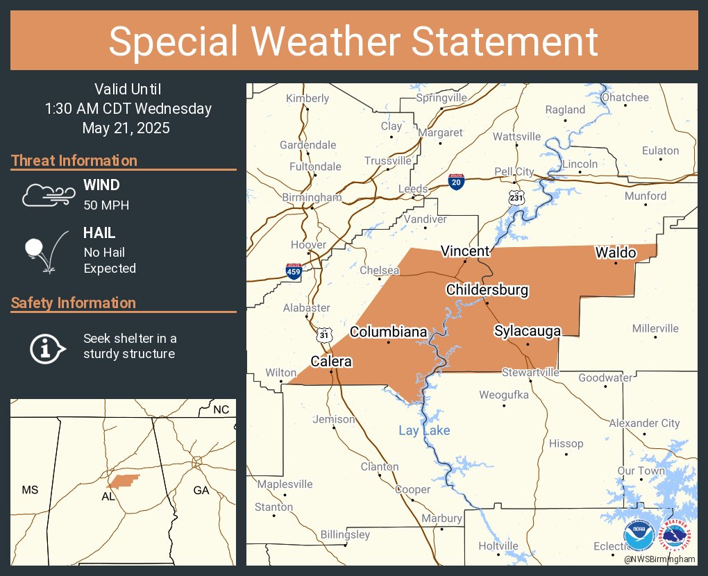 NWSBirmingham's tweet image. A special weather statement has been issued for Sylacauga AL, Calera AL and  Childersburg AL until 1:30 AM CDT