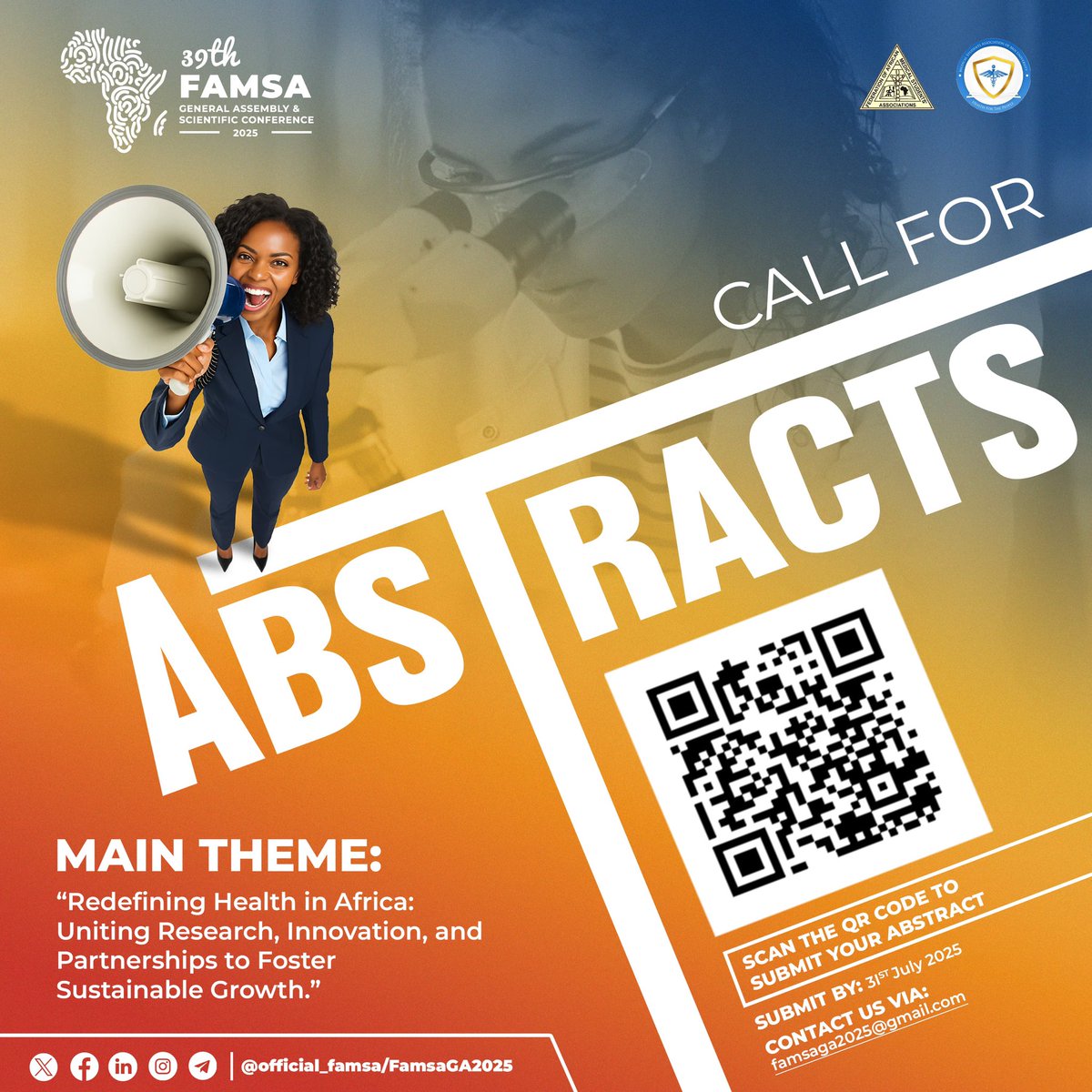 📢 CALL FOR ABSTRACTS🌍
The countdown to the 39th FAMSA General Assembly &amp; Scientific Conference in Kenya 🇰🇪 has officially begun!

🔬 Main Theme:
"Redefining Health in Africa: Uniting Research, Innovation and Partnerships to Foster Sustainable Growth."
#callforabstracts #FAMSA