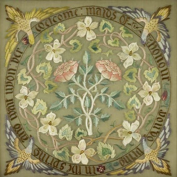 English embroidery artist May Morris' 1890s design"Maids of Honour," features violets and birds, and is often associated with spring #WomensArt