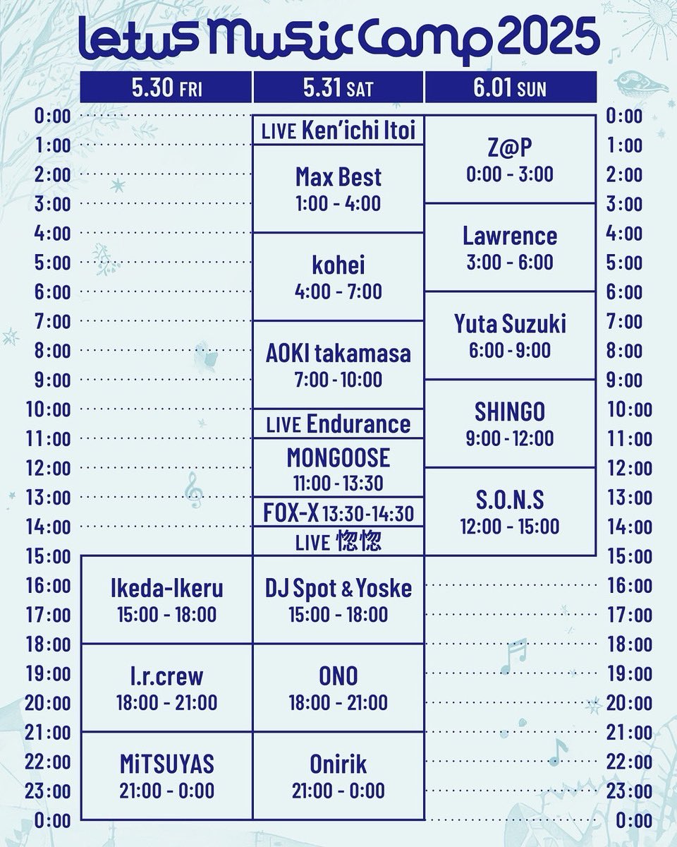 2025.5.30.(金)Fri. ~ 6.1.(日)Sun.
Letus Music Camp 2025
@ 栗脇農園 Kuriwaki-Noen
淡路島 Awaji Island