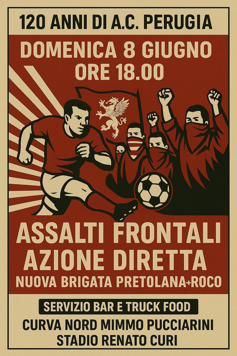 ⚽ 3️⃣ progetti musicali, 3️⃣ generi differenti, tutti provengono dalla strada e dalla cultura popolare

🇵🇪 Per festeggiare i #120anni del glorioso #ACPerugiaCalcio 

📌 𝐃𝐨𝐦𝐞𝐧𝐢𝐜𝐚 𝟖 𝐠𝐢𝐮𝐠𝐧𝐨 𝐝𝐚𝐥𝐥𝐞 𝐨𝐫𝐞 𝟏𝟖

🚚  Truck Food 🍔

🍺 Bar 🍷

Spazio Antistante CURVA