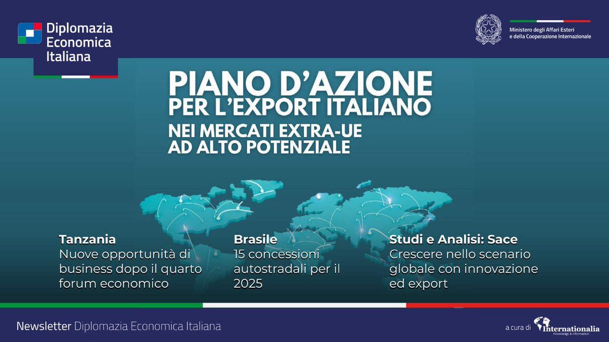 📩#Newsletter | Online il numero #DiplomaziaEconomica, mensile della #Farnesina con notizie e approfondimenti sui mercati esteri. 

ℹ️In questo numero: #PianoExport e focus su Brasile, Costa Rica, Tanzania, Polonia e molto altro. 

➡️esteri.it/wp-content/upl…