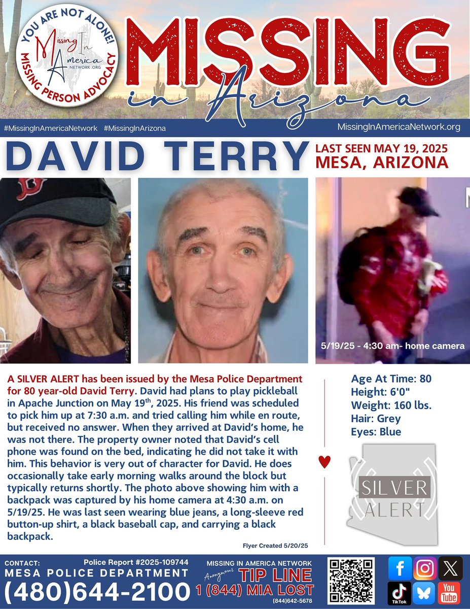 📢 ARIZONA SILVER ALERT 

David Terry (80) MISSING from Mesa, AZ since 5/19/25 

#MissingInAmericaNetwork 🇺🇸 #MissingInArizona #SilverAlert