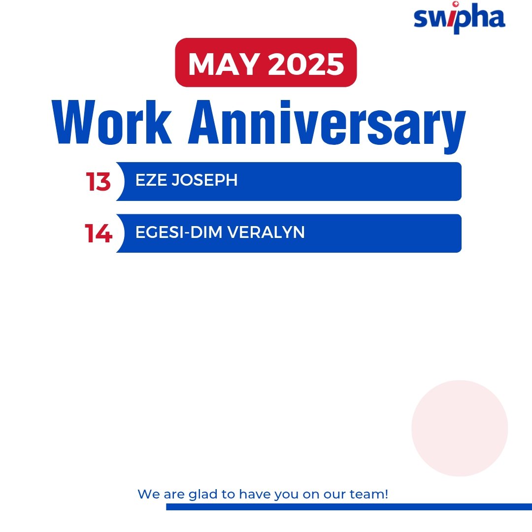 Your presence. Your effort. Your consistency.

 That’s what makes Swipha strong.

Today, we celebrate your work anniversary and the value you bring every day.

Thank you for growing with us.

#WorkWithPride #WorkAnniversary #swiphacares #SwiphaAnniversary #swiphateam #consistency