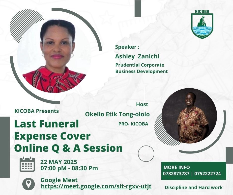 KiiraCollegeOldBoysAssociation (@kicoba1959) on Twitter photo We will hold a Q & A session with Mrs Ashley from Prudential about the Last Funeral Expense Cover on Thursday from 7 pm.
Please attend and let your questions be answered.
Looking forward to hearing from you. <a href="/Butiki_League/">Butiki League</a> <a href="/BenonKigenyi/">Benon Kigenyi</a> <a href="/FcGuntu/">FC Guntu</a> We will hold a Q & A session with Mrs Ashley from Prudential about the Last Funeral Expense Cover on Thursday from 7 pm.
Please attend and let your questions be answered.
Looking forward to hearing from you. <a href="/Butiki_League/">Butiki League</a> <a href="/BenonKigenyi/">Benon Kigenyi</a> <a href="/FcGuntu/">FC Guntu</a>