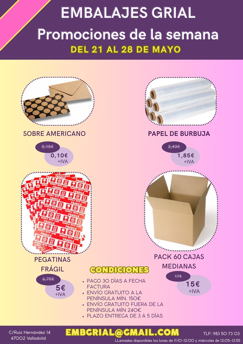 Os presentamos esta promoción especial que tenemos para terminar este mes de mayo.
Cualquier consulta embgrial@gmail.com