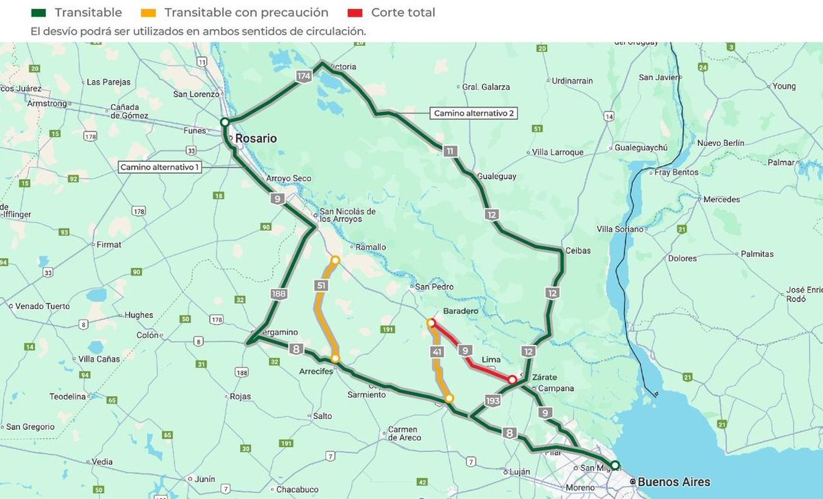 jotaleonetti's tweet photo. SIGUE CORTE TOTAL DE #AuROSARIO 🚫🛣️
Desde capital tomar Ramal Pilar y luego #Ruta8.
#RP41 desde San Antonio de Areco hacia Baradero está habilitada con precauciones.
Recomendable seguir a Arrecifes y tomar #RP51 a Ramallo; o continuar a Pergamino para usar la 188 a San Nicolás. https://t.co/ki0UmplQhS