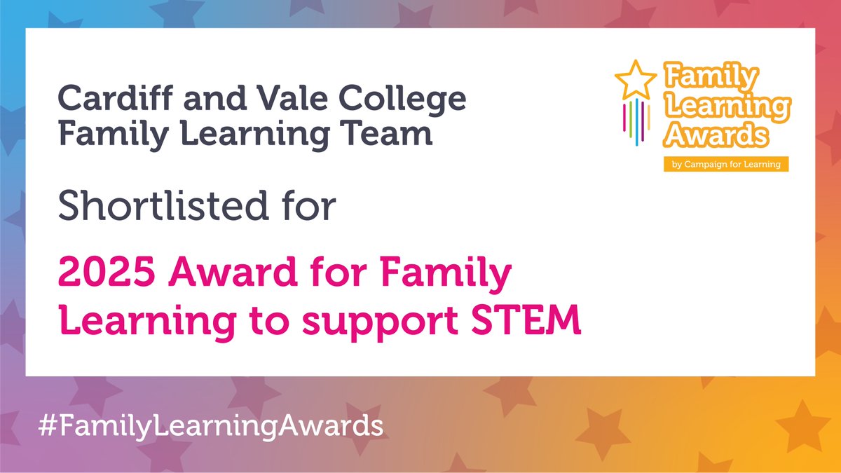 National Centre for Family Learning (@familylearning_) on Twitter photo Congratulations to <a href="/CAVC/">Cardiff and Vale College | Coleg Caerdydd a’r Fro</a> Family Learning Team, shortlisted for the Family Learning to Support STEM Award! 🎉 They developed Fizzy Fun using experiential learning and activities such as spaghetti structures and chromatography, to foster enhanced comprehension of STEM and promote Congratulations to <a href="/CAVC/">Cardiff and Vale College | Coleg Caerdydd a’r Fro</a> Family Learning Team, shortlisted for the Family Learning to Support STEM Award! 🎉 They developed Fizzy Fun using experiential learning and activities such as spaghetti structures and chromatography, to foster enhanced comprehension of STEM and promote