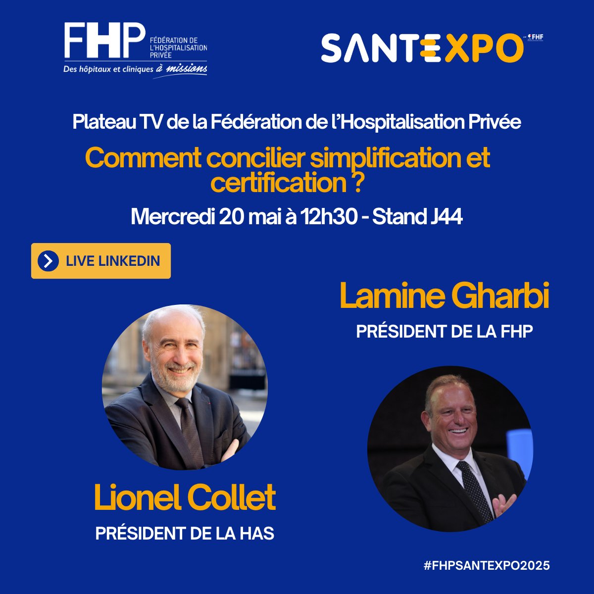 🔴 En direct de #SantExpo2025 ! <a href="/parisSANTEXPO/">SantExpo</a> 
Échange en cours entre Lionel Collet, président de la <a href="/HAS_sante/">Haute Autorité de santé</a> , et Lamine Gharbi, président de la FHP.
📲 À suivre maintenant sur nos comptes LinkedIn et YouTube.
linkedin.com/events/7330896…

#FHPSANTEXPO2025 #Santé #HAS #FHP