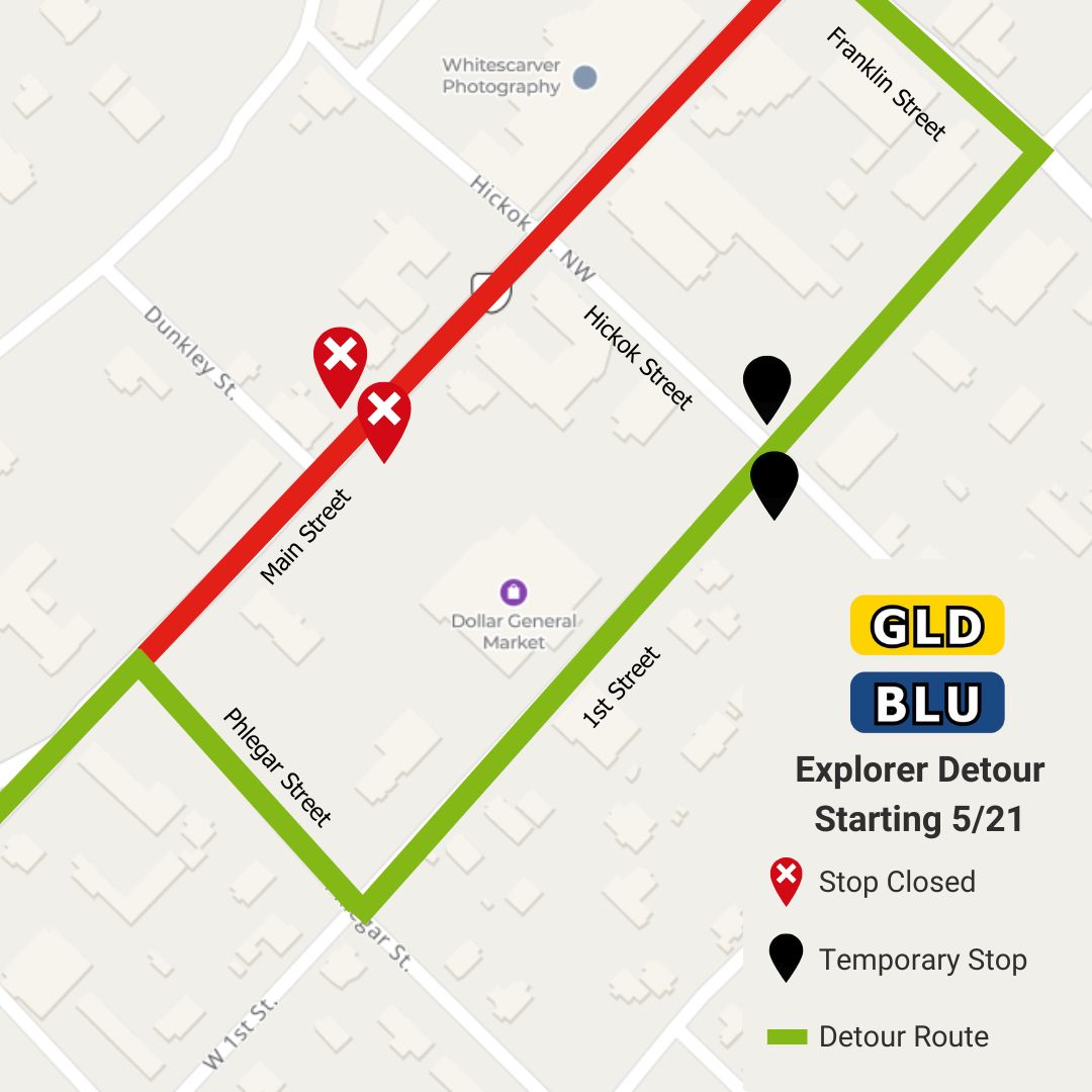 Wednesday 5/21: Due to the Christiansburg Hickok Street Drainage Project, Explorer Blue and Gold will have a long term detour beginning today until approximately February 2026. See ridebt.org/news-alerts/52… for details.